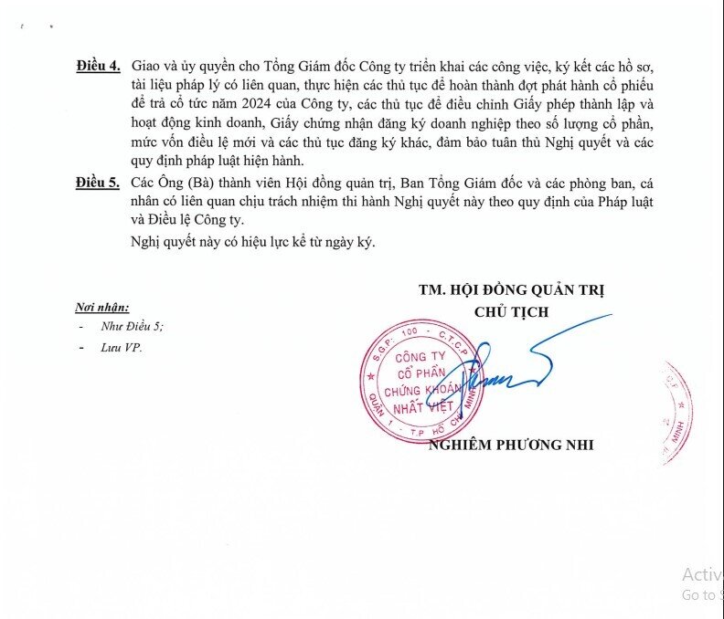 Chứng khoán Nhất Việt sẽ phát hành 10,3 triệu cổ phiếu trả cổ tức 2024