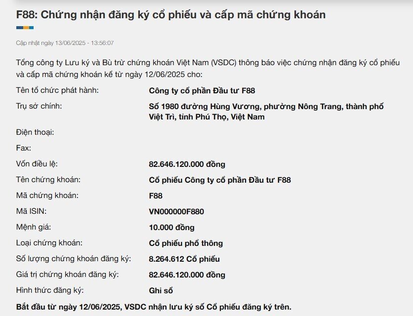 F88 chính thức được cấp mã chứng khoán