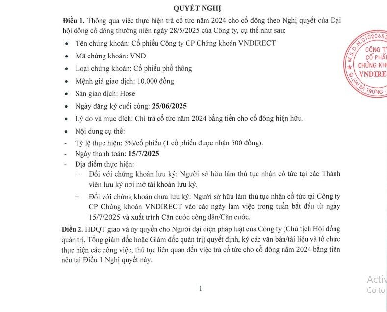 VNDirect chốt ngày chi 761 tỷ đồng cổ tức tiền mặt