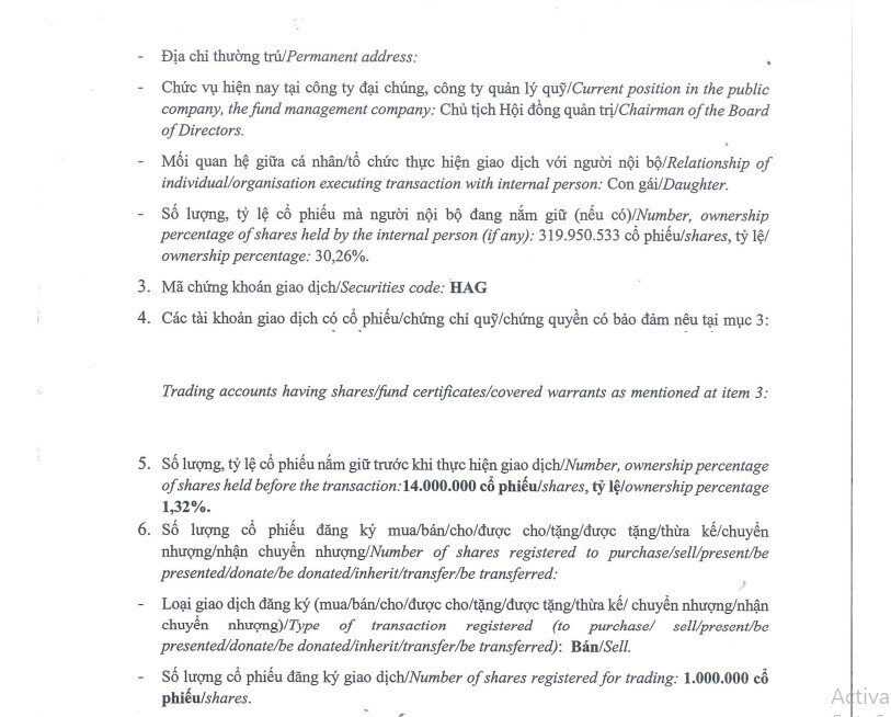 Con gái Bầu Đức đã bán 1 triệu cổ phiếu HAG, thu về hơn 12 tỷ
