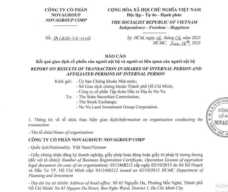 NovaGroup và con gái Chủ tịch Novaland bán khớp lệnh hơn 11 triệu cổ phiếu NVL
