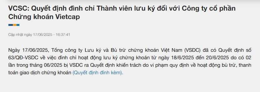 Vietcap bị đình chỉ lưu ký 3 ngày, VNDirect cũng bị khiển trách vì sửa lỗi giao dịch`