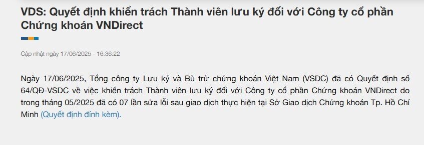 Vietcap bị đình chỉ lưu ký 3 ngày, VNDirect cũng bị khiển trách vì sửa lỗi giao dịch`