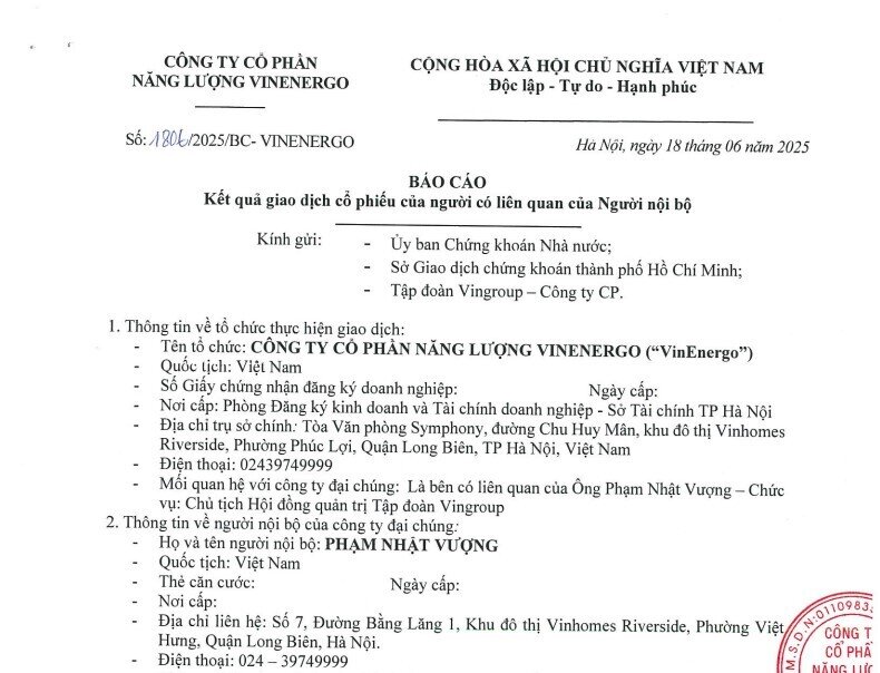 Tỷ phú Phạm Nhật Vượng góp xong 70 triệu cổ phiếu vào VinEnergo, muốn góp tiếp gần 88 triệu cổ phiếu vào VinSpeed