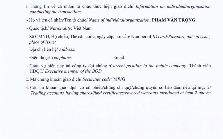 TGĐ Bách Hoá Xanh đã bán ra gần 95.000 cổ phiếu MWG