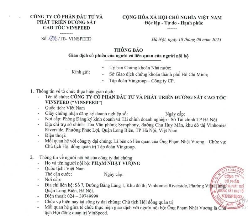 Tỷ phú Phạm Nhật Vượng góp xong 70 triệu cổ phiếu vào VinEnergo, muốn góp tiếp gần 88 triệu cổ phiếu vào VinSpeed