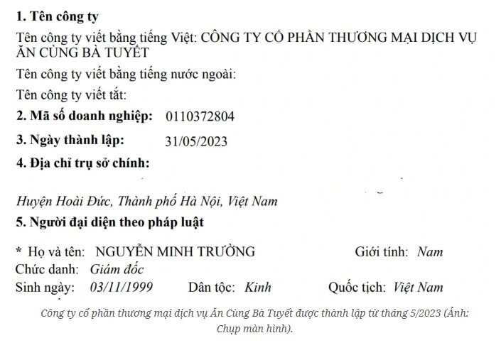 Công ty Ăn Cùng Bà Tuyết thông báo giải thể