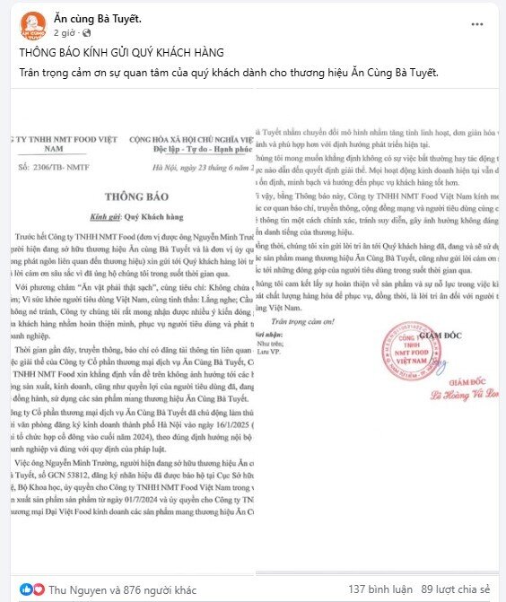 Ăn Cùng Bà Tuyết chính thức lên tiếng về việc giải thể công ty