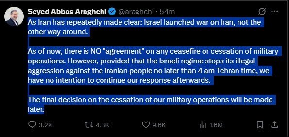 Iran sẽ dừng tấn công nếu Israel ngừng không kích trước 4h sáng