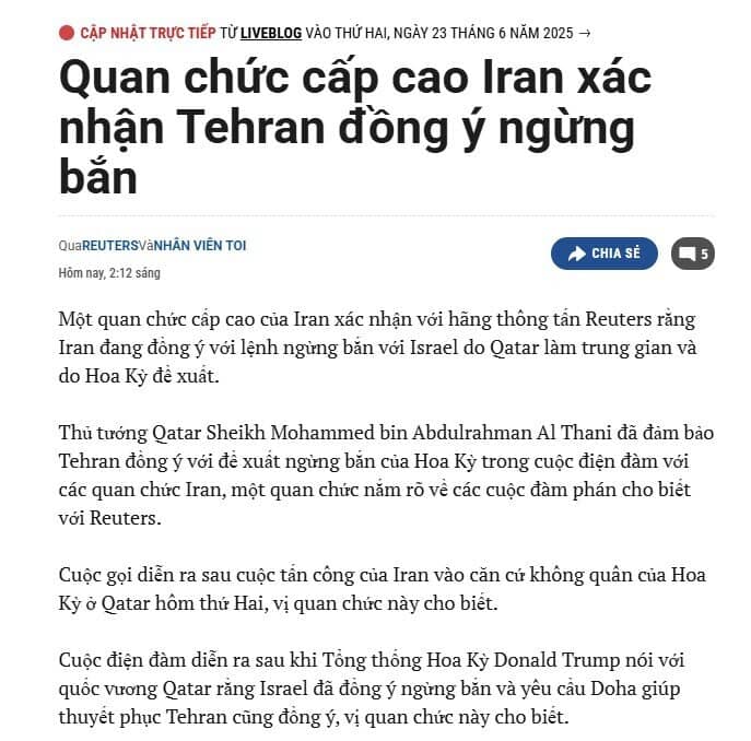 Lệnh ngừng bắn giữa Iran, Israel đã bắt đầu