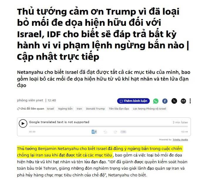 Lệnh ngừng bắn giữa Iran, Israel đã bắt đầu