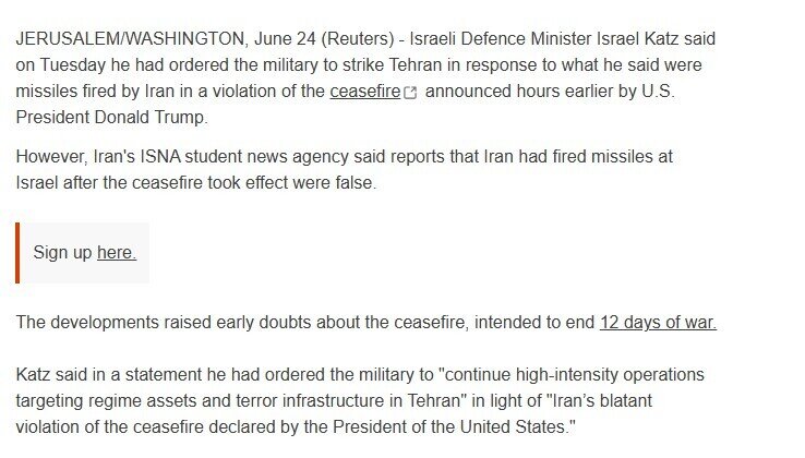 Israel nói Iran vi phạm lệnh ngừng bắn, ra lệnh tấn công mới
