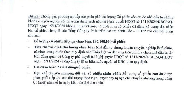 Kinh Bắc ‘ế’ 147,1 triệu cổ phiếu trong đợt chào bán riêng lẻ