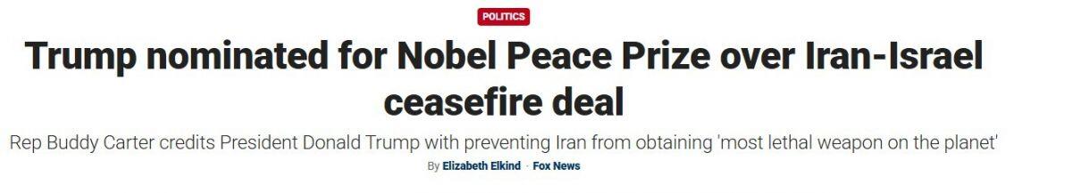 Ông Trump được đề cử giải Nobel Hòa bình vì Iran, Israel ngừng bắn
