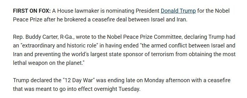 Ông Trump được đề cử giải Nobel Hòa bình vì Iran, Israel ngừng bắn