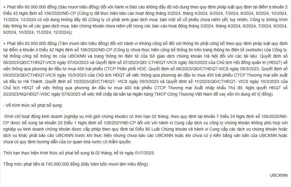 Một CTCK bị đình chỉ hoạt động môi giới 2 tháng