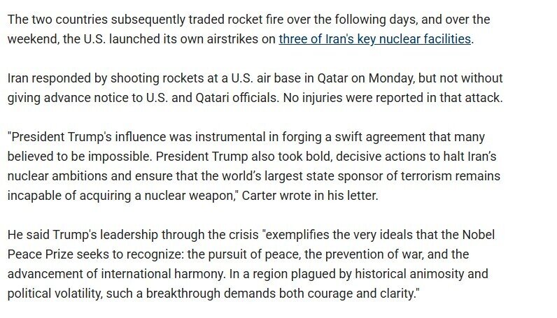 Ông Trump được đề cử giải Nobel Hòa bình vì Iran, Israel ngừng bắn