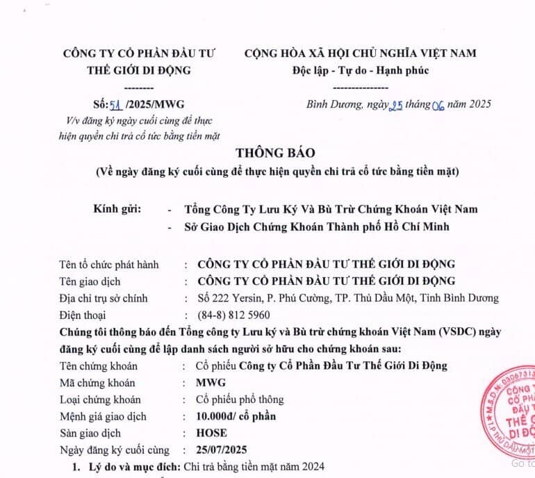 Thế giới Di động chuẩn bị trả cổ tức năm 2024 với tỷ lệ 10%