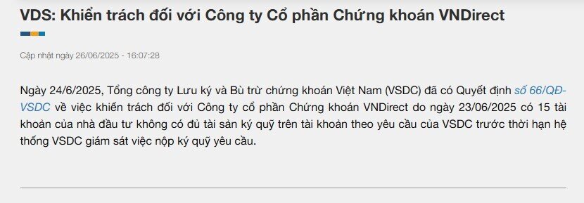 VNDirect bị khiển trách do có 15 tài khoản không đủ tài sản ký quỹ