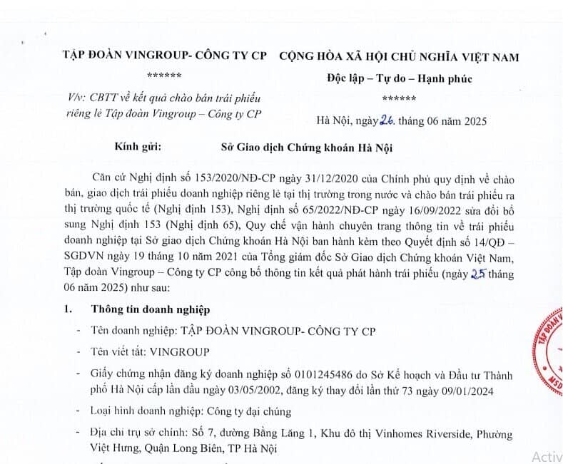 Vingroup phát hành 1.000 tỷ đồng trái phiếu lãi suất lên tới 12%/năm