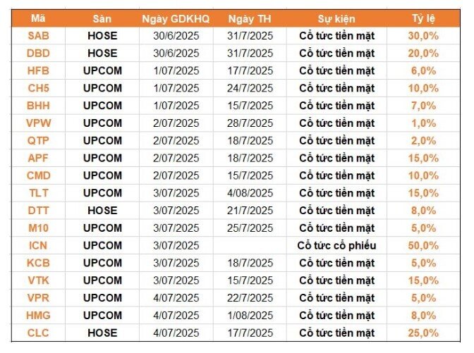 17 DN chốt quyền cổ tức bằng tiền tuần từ 30/6 - 4/7