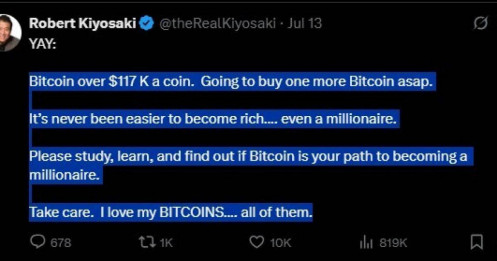 Tác giả ‘Cha giàu cha nghèo’: ‘Chưa bao giờ làm giàu dễ như lúc này’, mua thêm Bitcoin khi giá vượt 117.000 USD