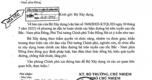 Văn phòng Chính phủ gửi văn bản hỏa tốc về việc xây dựng các hầm đường bộ trên tuyến cao tốc Bắc - Nam phía Đông