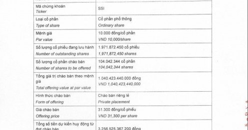 SSI khởi động kế hoạch chào bán riêng lẻ 104 triệu cổ phiếu với giá 31.300 đồng/cp