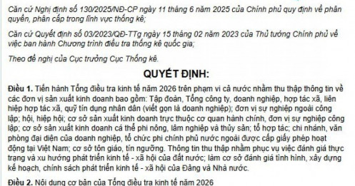 Từ ngày 5/1/2026 sẽ tiến hành Tổng điều tra kinh tế