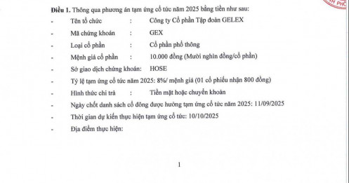 Ngày 11/9, GEX chốt quyền trả cổ tức bằng tiền mặt