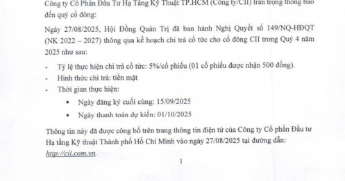 Cổ đông CII sắp nhận hơn 300 tỷ đồng cổ tức trong quý 4