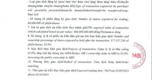 MB đăng ký bán khớp lệnh 60 triệu cổ phiếu MBS
