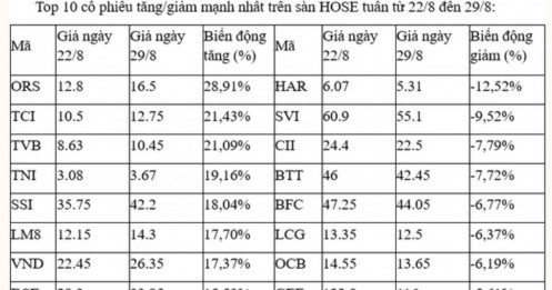 10 cổ phiếu tăng/giảm mạnh nhất tuần