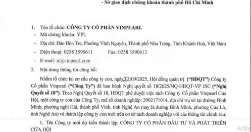 Vinpearl tách công ty Cửa Hội, thành lập công ty mới vốn điều lệ hơn 1.100 tỷ
