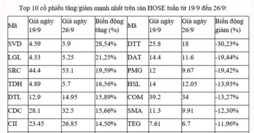 10 cổ phiếu tăng/giảm mạnh nhất sàn HoSE tuần qua
