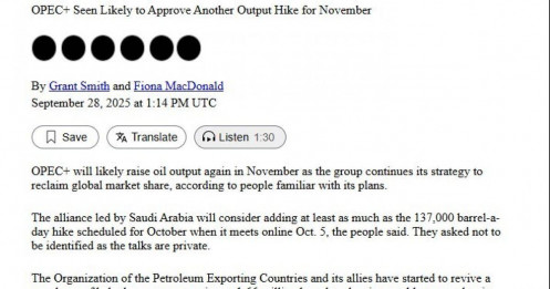 OPEC+ có thể tiếp tục tăng sản lượng trong tháng 11?
