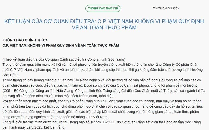 C.P. Việt Nam thông báo khẩn về kết quả cuộc điều tra an toàn thực phẩm tại Sóc Trăng: Không khởi tố vụ án hình sự