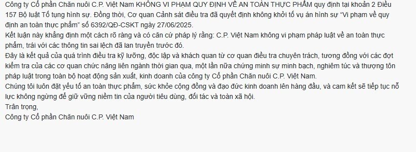 C.P. Việt Nam thông báo khẩn về kết quả cuộc điều tra an toàn thực phẩm tại Sóc Trăng: Không khởi tố vụ án hình sự