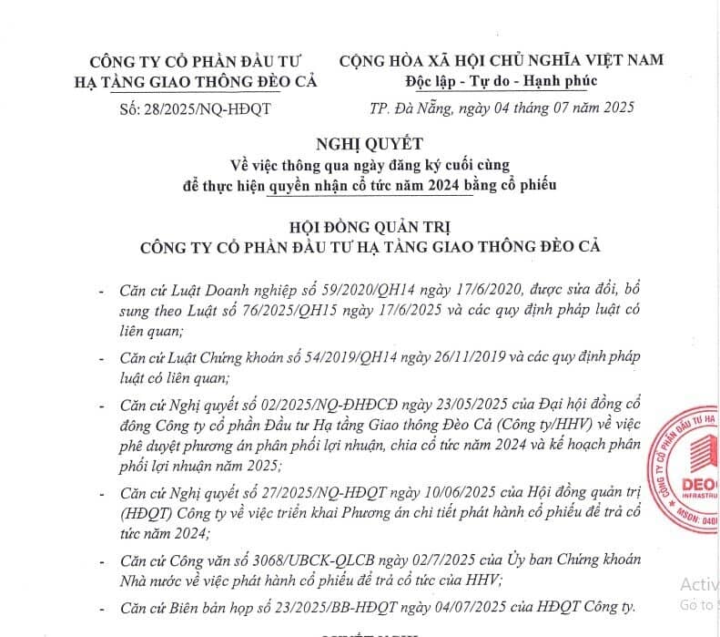 HHV chốt ngày đăng ký nhận cổ tức năm 2024 bằng cổ phiếu