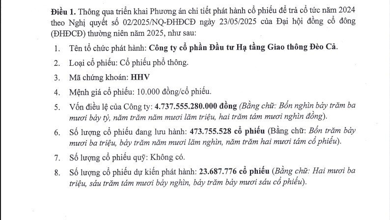 HHV chốt ngày đăng ký nhận cổ tức năm 2024 bằng cổ phiếu