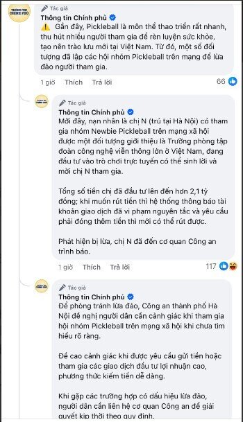 Fanpage Thông tin Chính phủ cảnh báo hội nhóm pickleball lừa đảo, người phụ nữ bị lừa 2,1 tỷ đồng