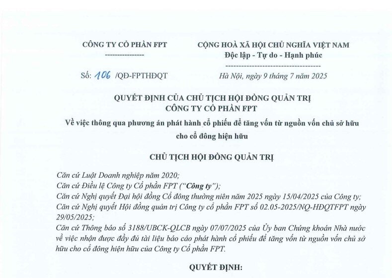 FPT chốt quyền nhận cổ phiếu thưởng, tăng vốn thêm hơn 2.000 tỷ đồng