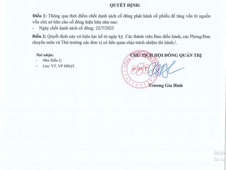 FPT chốt quyền nhận cổ phiếu thưởng, tăng vốn thêm hơn 2.000 tỷ đồng