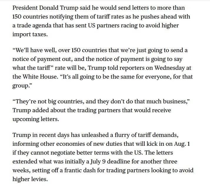 Ông Trump sẽ gửi thư cho hơn 150 nước, thông báo mức thuế 10% hoặc 15%