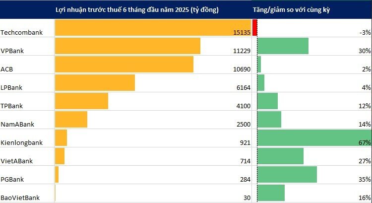 Cập nhật lợi nhuận 10 ngân hàng 6 tháng đầu năm 2025