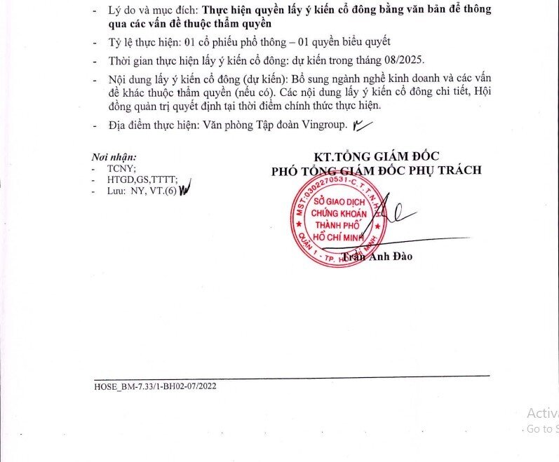 Vingroup muốn xin ý kiến cổ đông về một nội dung quan trọng
