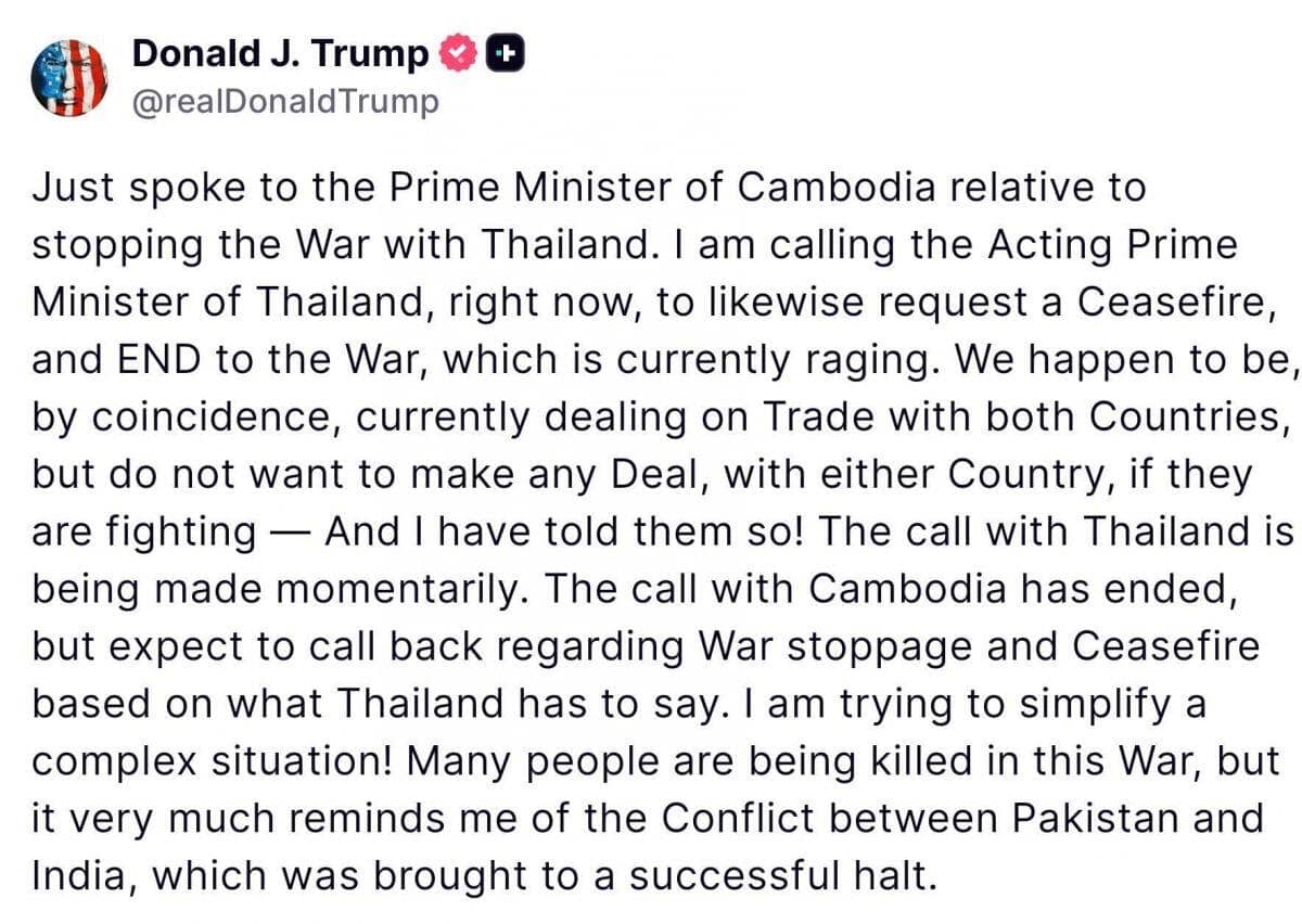 Tổng thống Trump can thiệp để chấm dứt xung đột Campuchia - Thái Lan