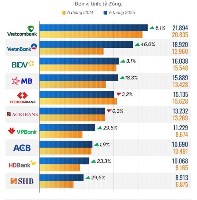10 ngân hàng có lãi trước thuế cao nhất nửa đầu năm 2025