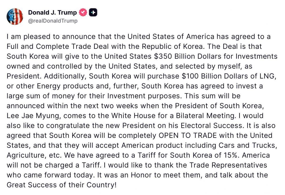 Tổng thống Trump công bố thỏa thuận thương mại Mỹ - Hàn Quốc