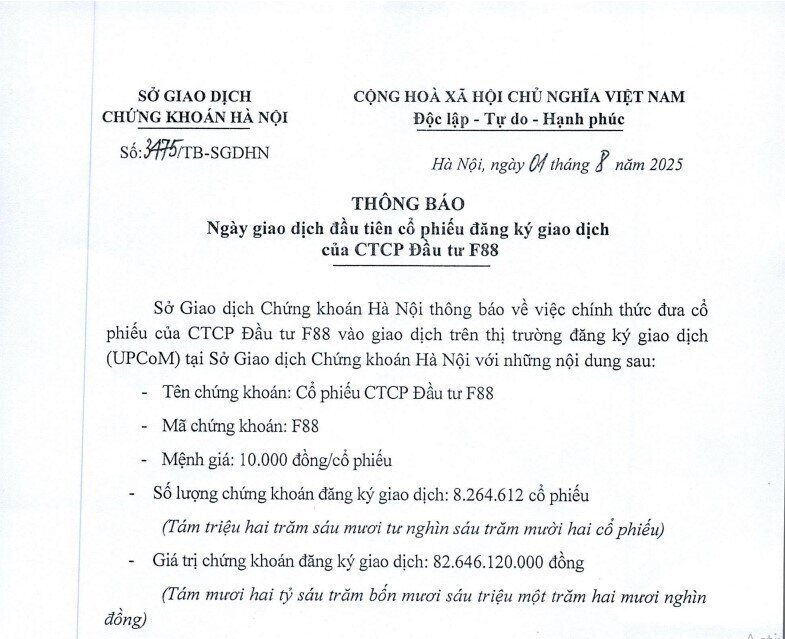Hơn 8,2 triệu cổ phiếu F88 giá 634.900 đồng/cp chính thức giao dịch trên UPCoM từ ngày 8/8